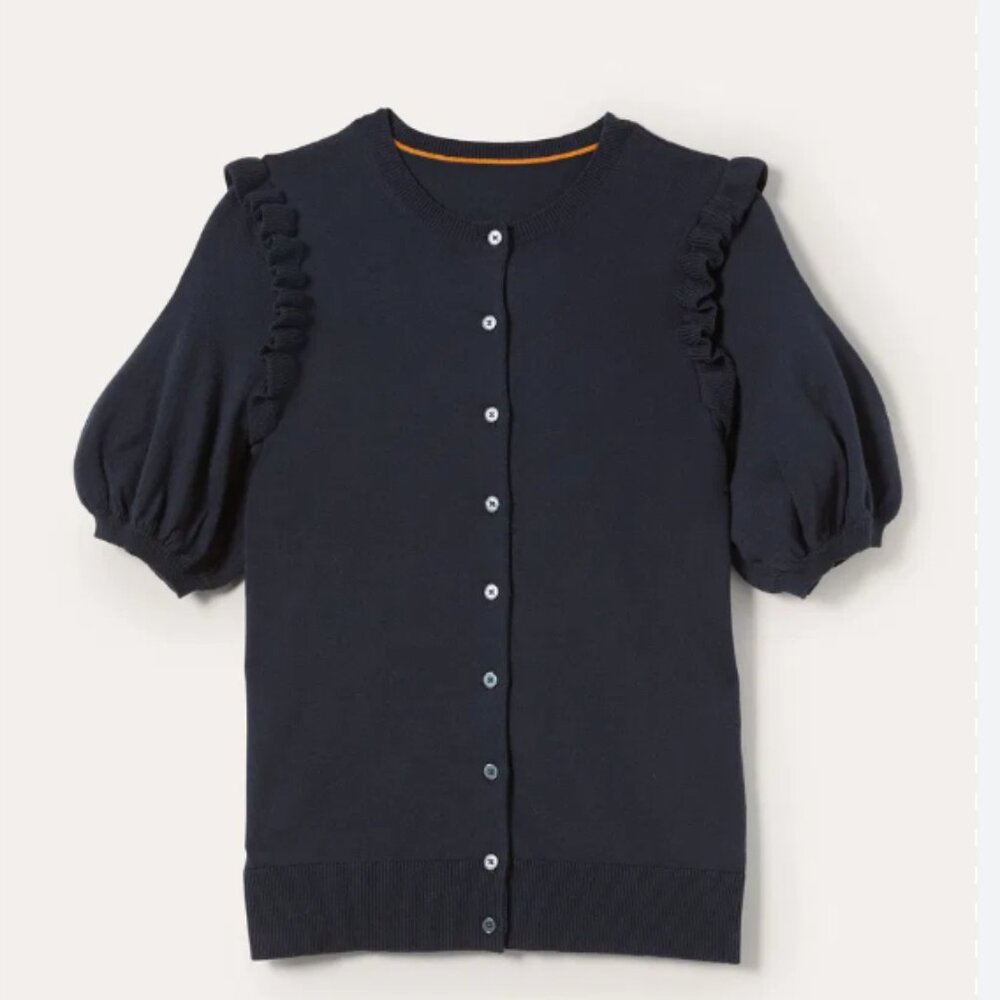 Boden Frill Shoulder Cotton Cardigan Navy S Like New